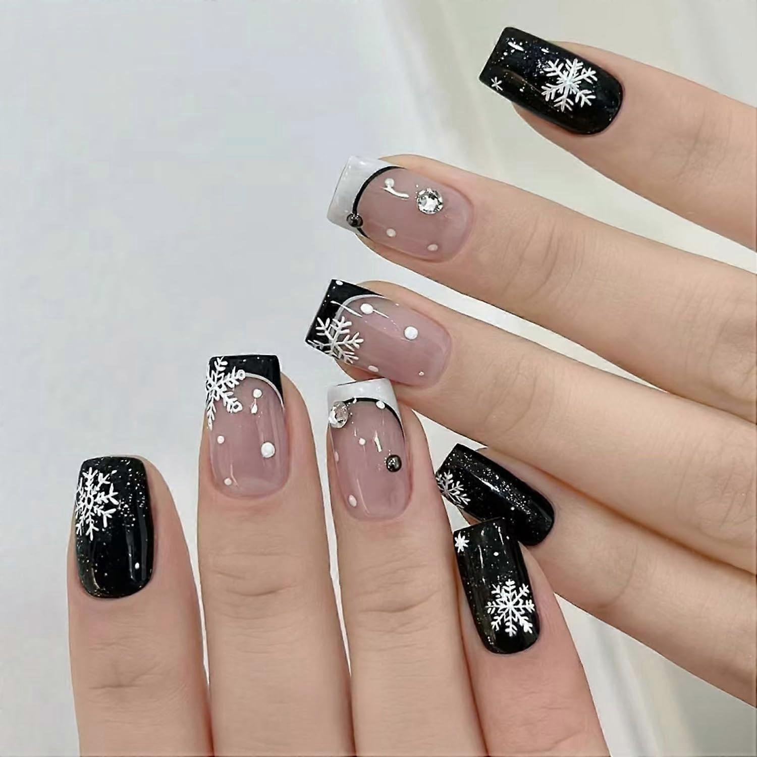 Christmas Snowflake Press On Nails with Rhinestone French Tips, Short Square Black and White Set