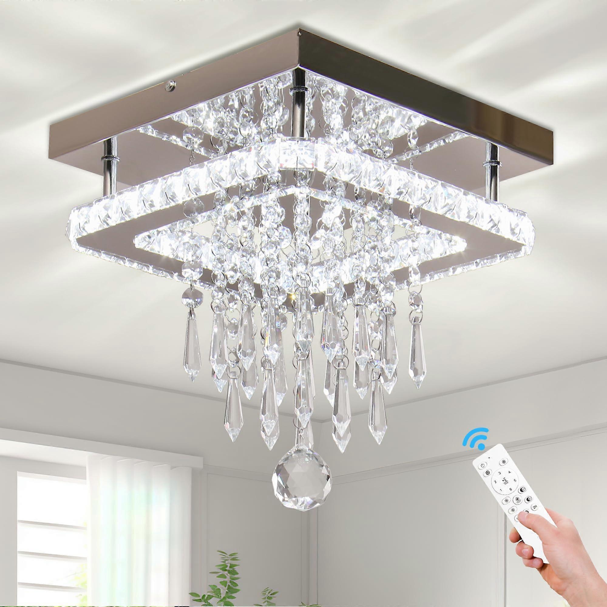 Dimmable Square Crystal Ceiling Light with Remote, Modern LED Flush Mount Chandelier for Bedroom Dining Room