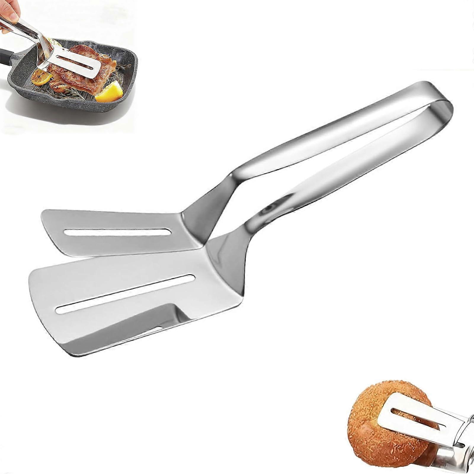 2in1 Stainless Steel Grill Spatula Tongs with Long AntiScald Handle, OilDraining Slots, Rust Resistant