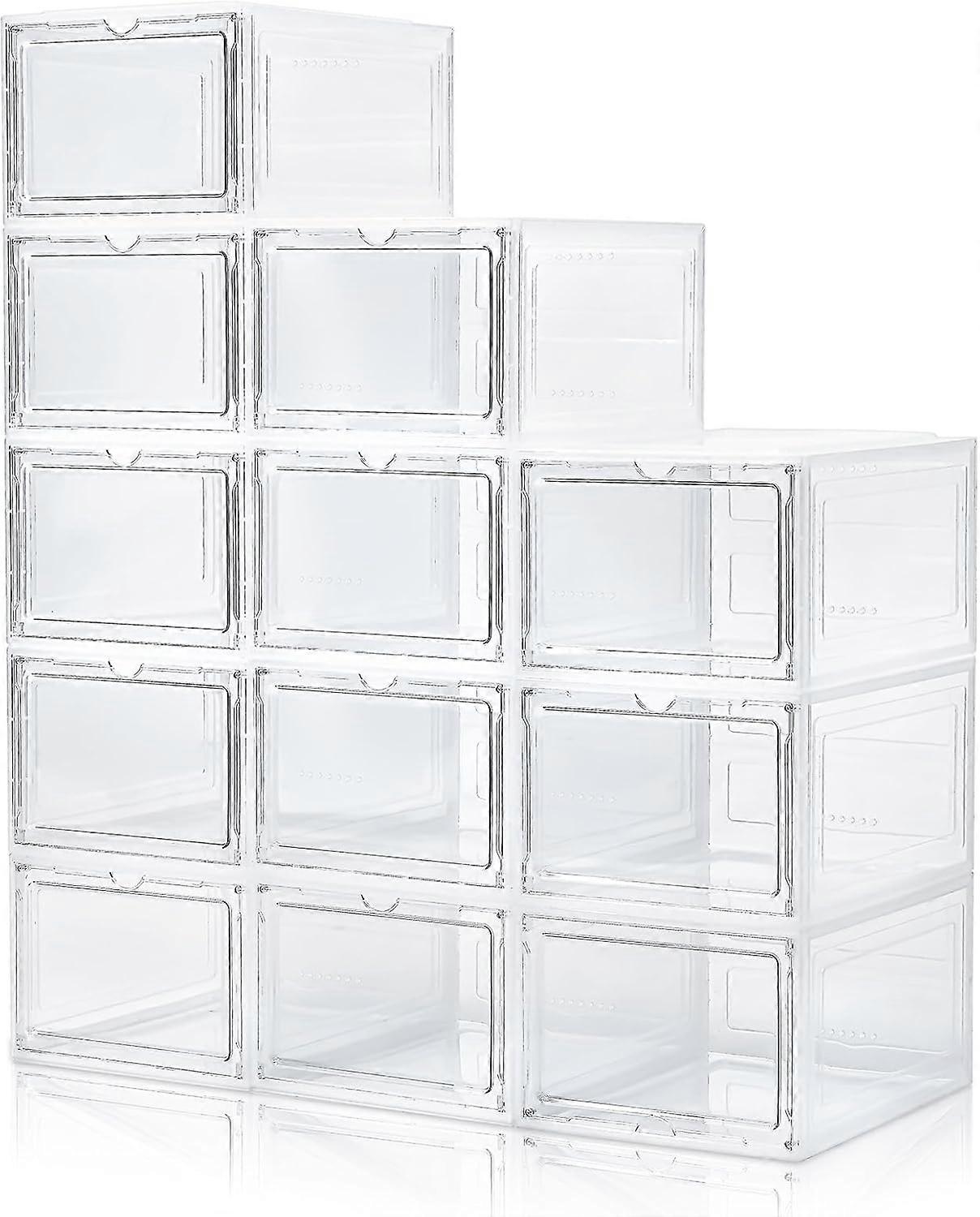 Clear Shoe Storage Boxes 12 Pack with Magnetic Lock Door, Stackable Sneaker Organizer Fits US13