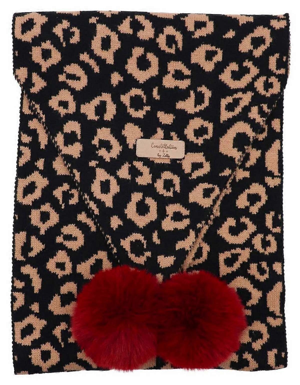 Zelly Leopard Pom Pom Scarf - Black/Beige