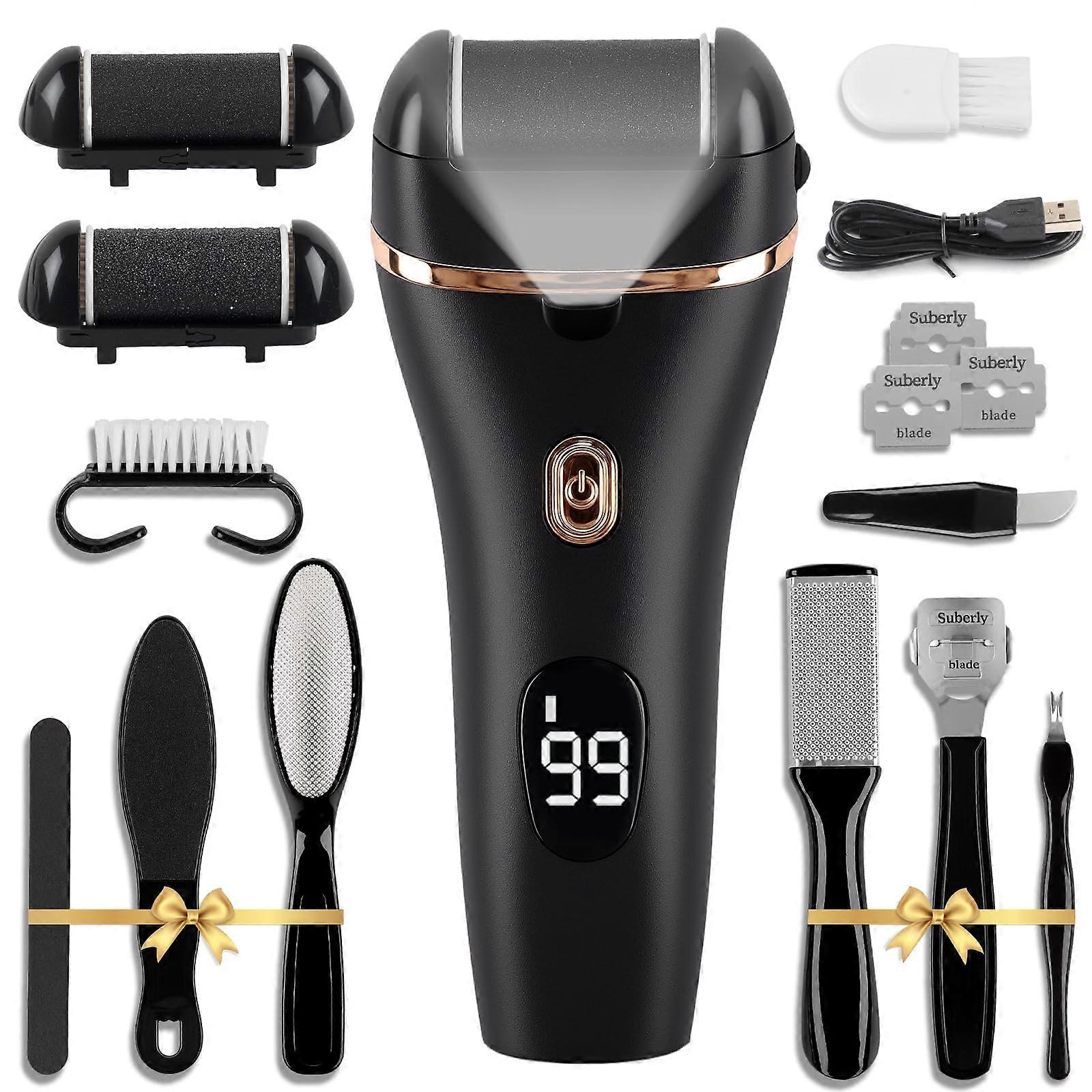 Electric Foot Callus Remover Pedicure Kit with Adjustable Speed, 3 Rollers and LED Display Black
