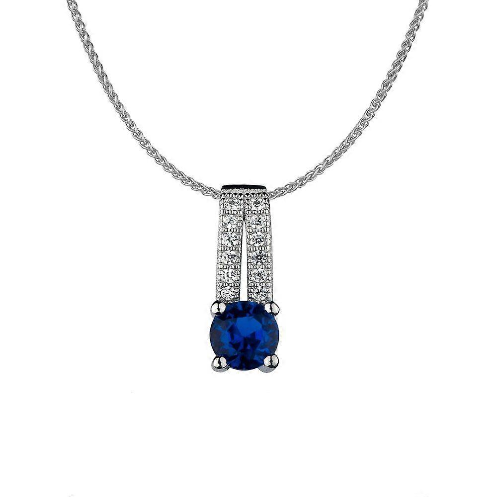 Jewelco London Rhodium Plated Sterling Silver Blue Cubic Zirconia Split Solitaire Charm Pendant Necklace - 16>18 inch