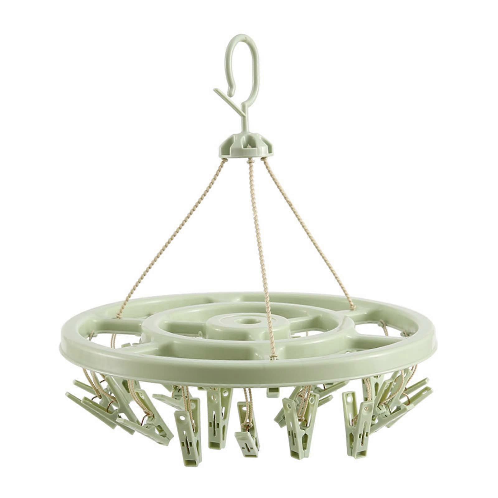 Clothes Drying Rack with 24 Windproof Clips, 360° Rotating Hook, Wall Mounted, Green