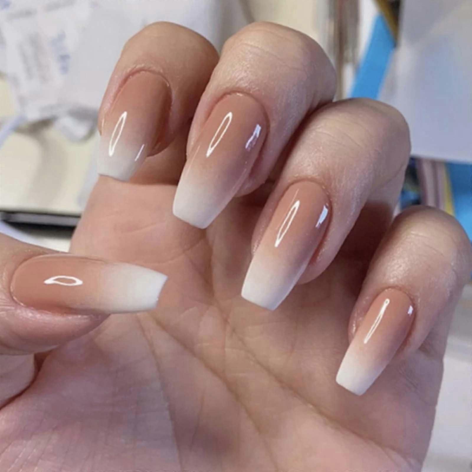 Short Coffin Press on Nails Set Brown Gradient Acrylic False Nails Reusable with Adhesive Tabs 24Pcs