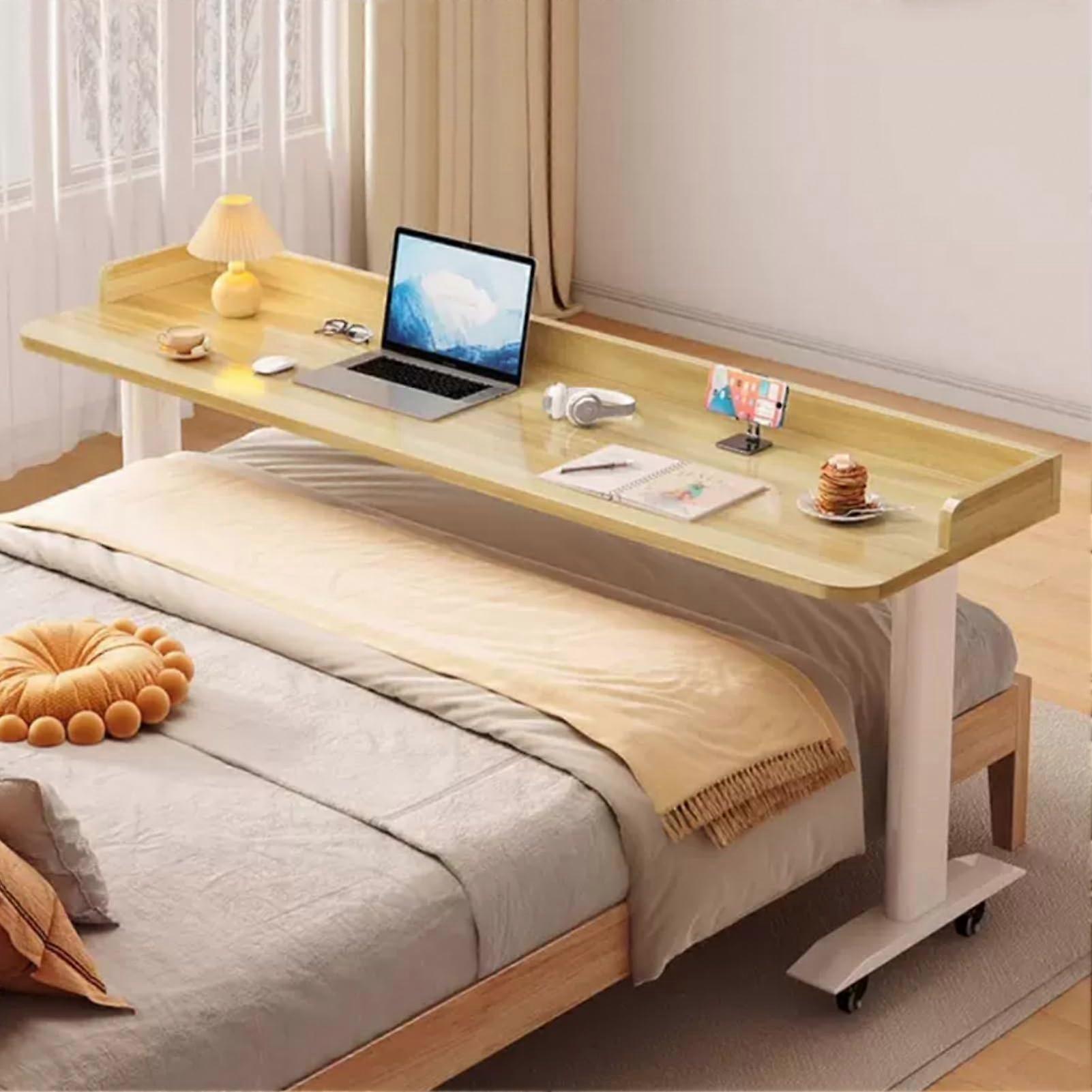Overbed Table with Wheels, Adjustable Bedside Desk with Large Surface and Walnut Finish, 120x40cm