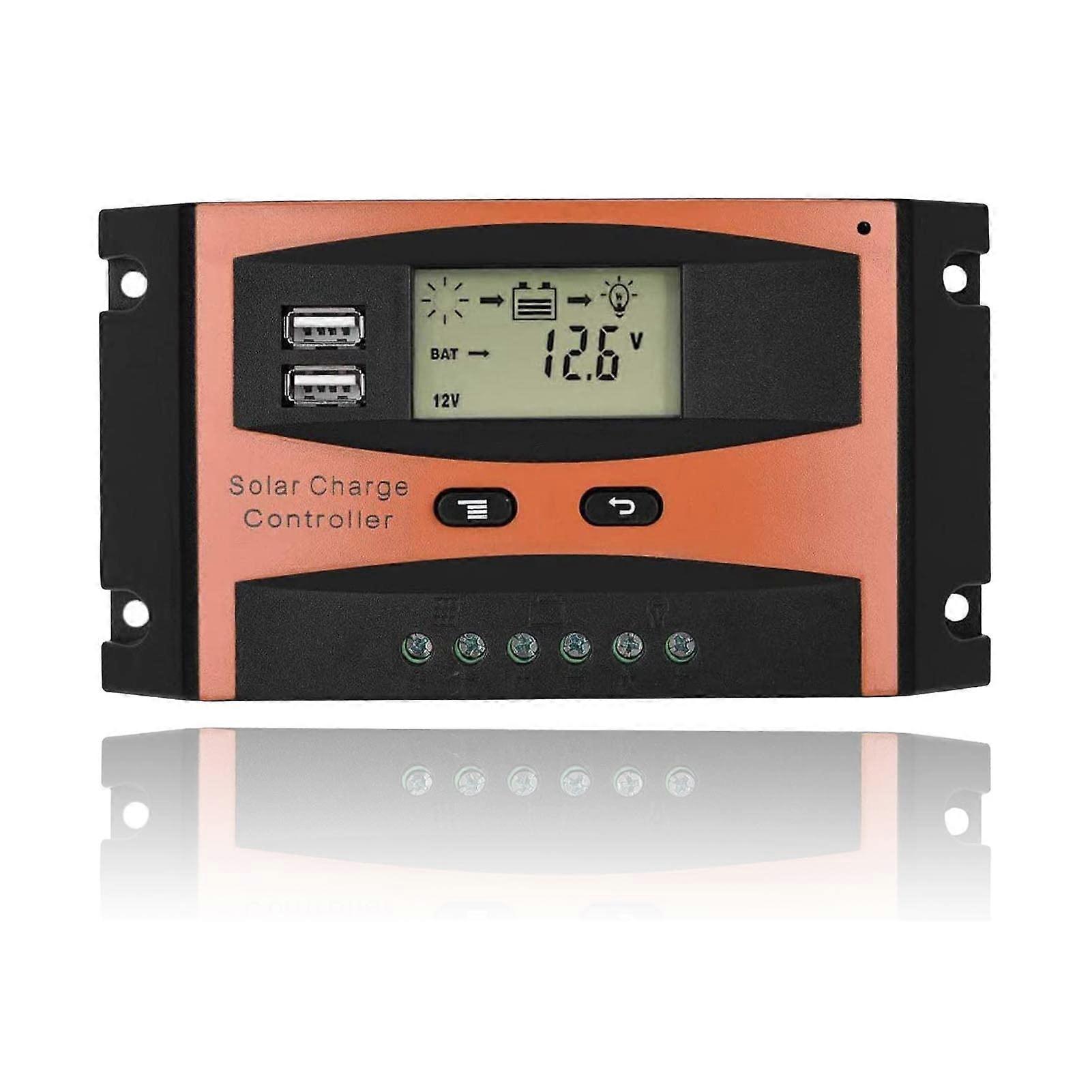 30A 50V LCD Solar Charge Controller with Dual USB, Orange PWM Panel, Easy ColorCoded Install