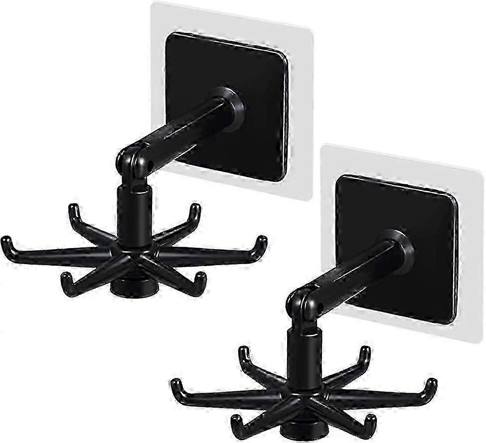 2 Pack Adhesive Hooks 360 Degree Rotating Folding Hook 6-Claw,Vertical Flip HookBlack