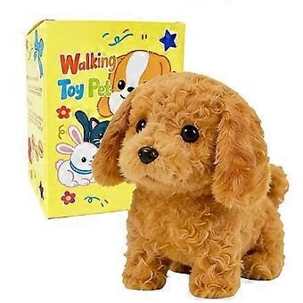 Elektrisch lopende pluche puppy, interactief huisdierhondje met riem, botvormig strikje, zachte bruine krullende vacht, realistisch blaffend, lopend en kwispelend staartje, inclusief geschenkverpakking.