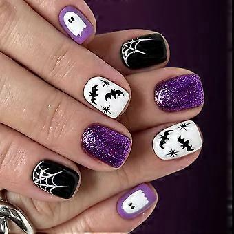 Halloween Press On Manicure Set 24 Pcs, Purple Accent Bat Web Art with Mixed Sizes and ABS Pieces for DIY Party Costume Hand Styling Multicolor IB