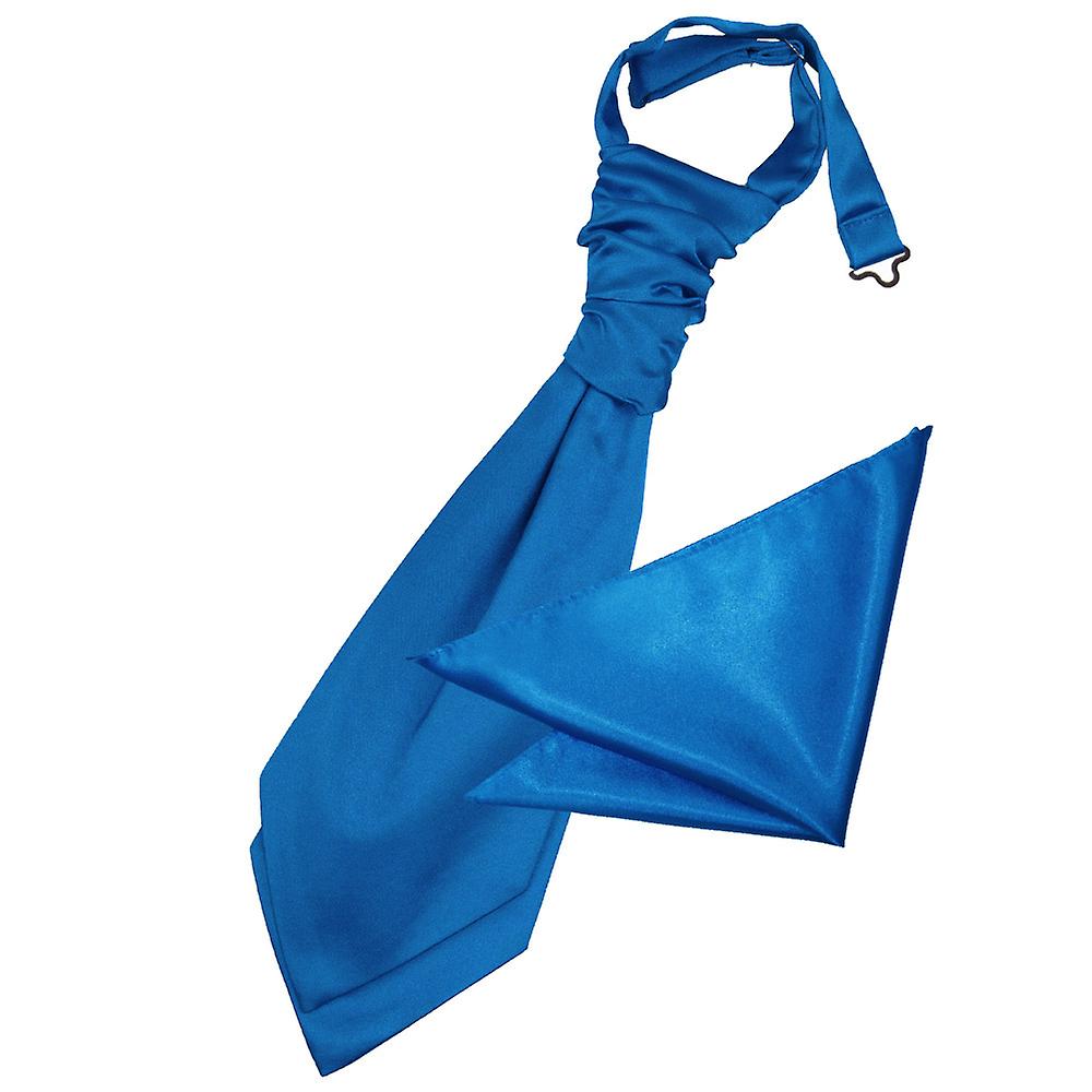 Electric Blue Plain Satin Wedding Cravat and Pocket Square Set for Boys