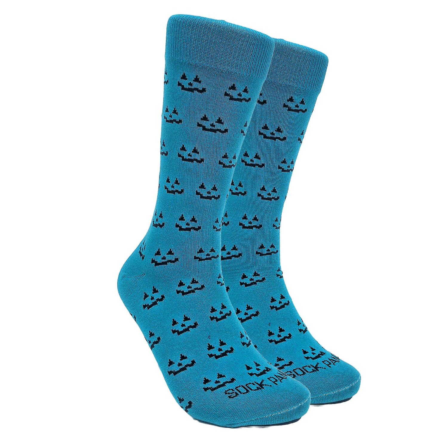 Sophisticated Blue Pumpkin Face Patterned Socks (Adult Large - Men's Shoe Sizes 8-12)