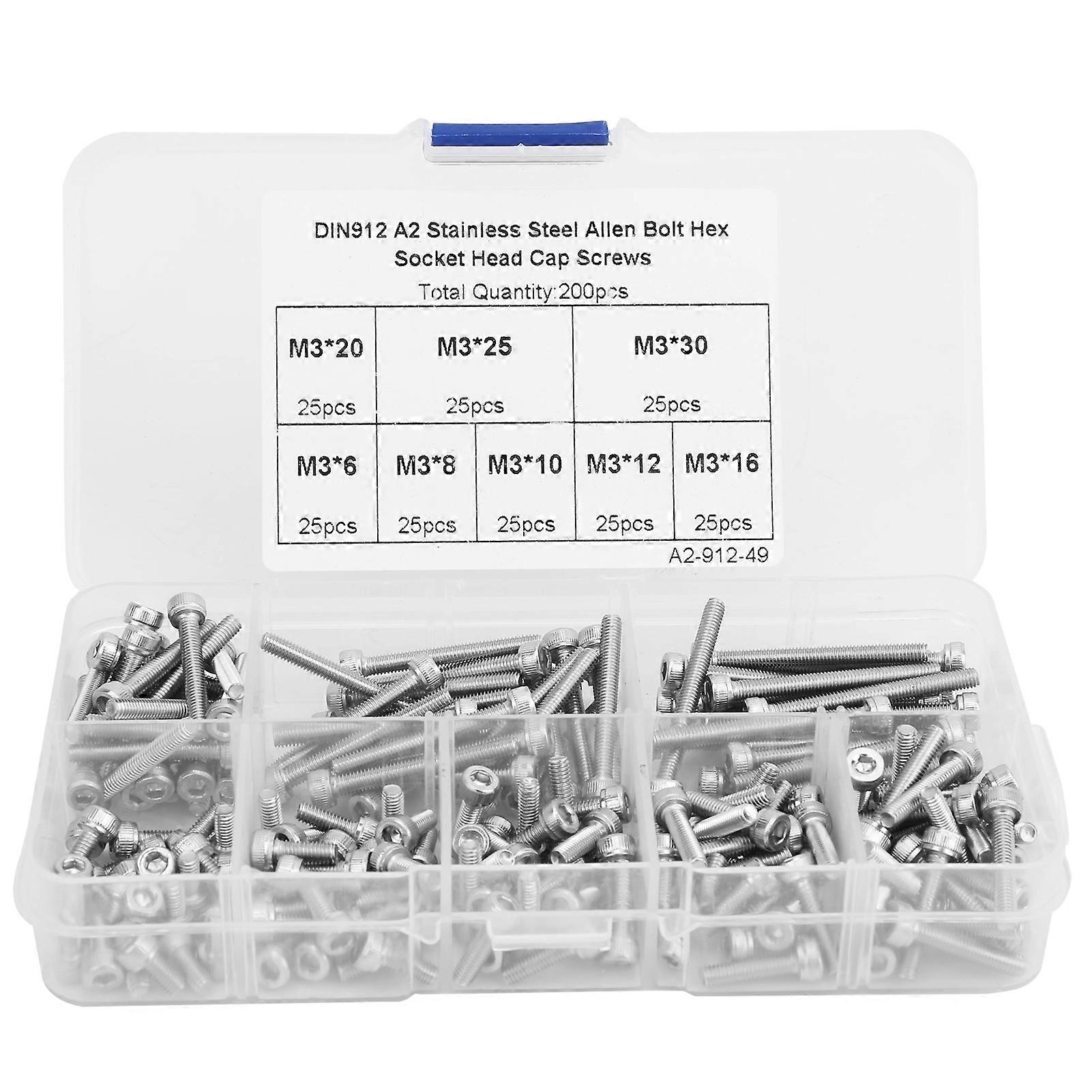 200stk Hex Socket Cap Head Screw 304 Rustfrit stål Boxed Hardware Tilbehør M3