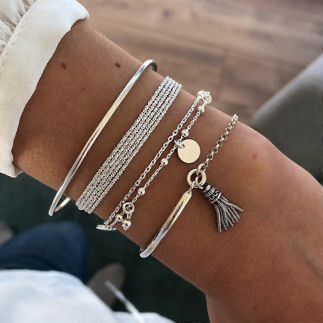 4 pcs Silver Bracelet/Bangle with Twisted Chains, Tassel & Balls Silver