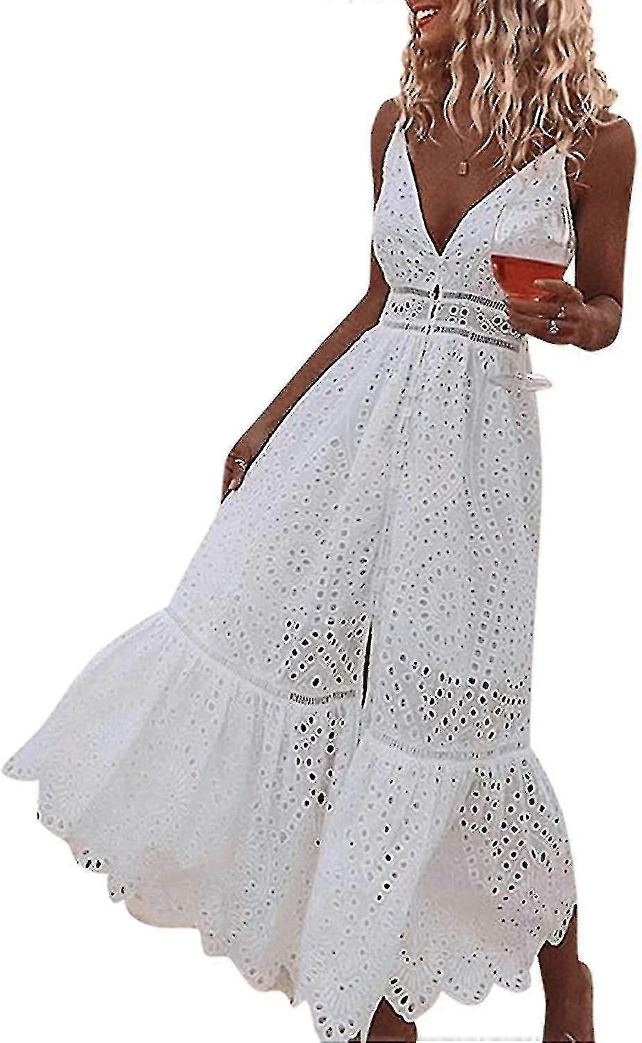 Women's Embroidery Button Down V Neck Spaghetti S Maxi L