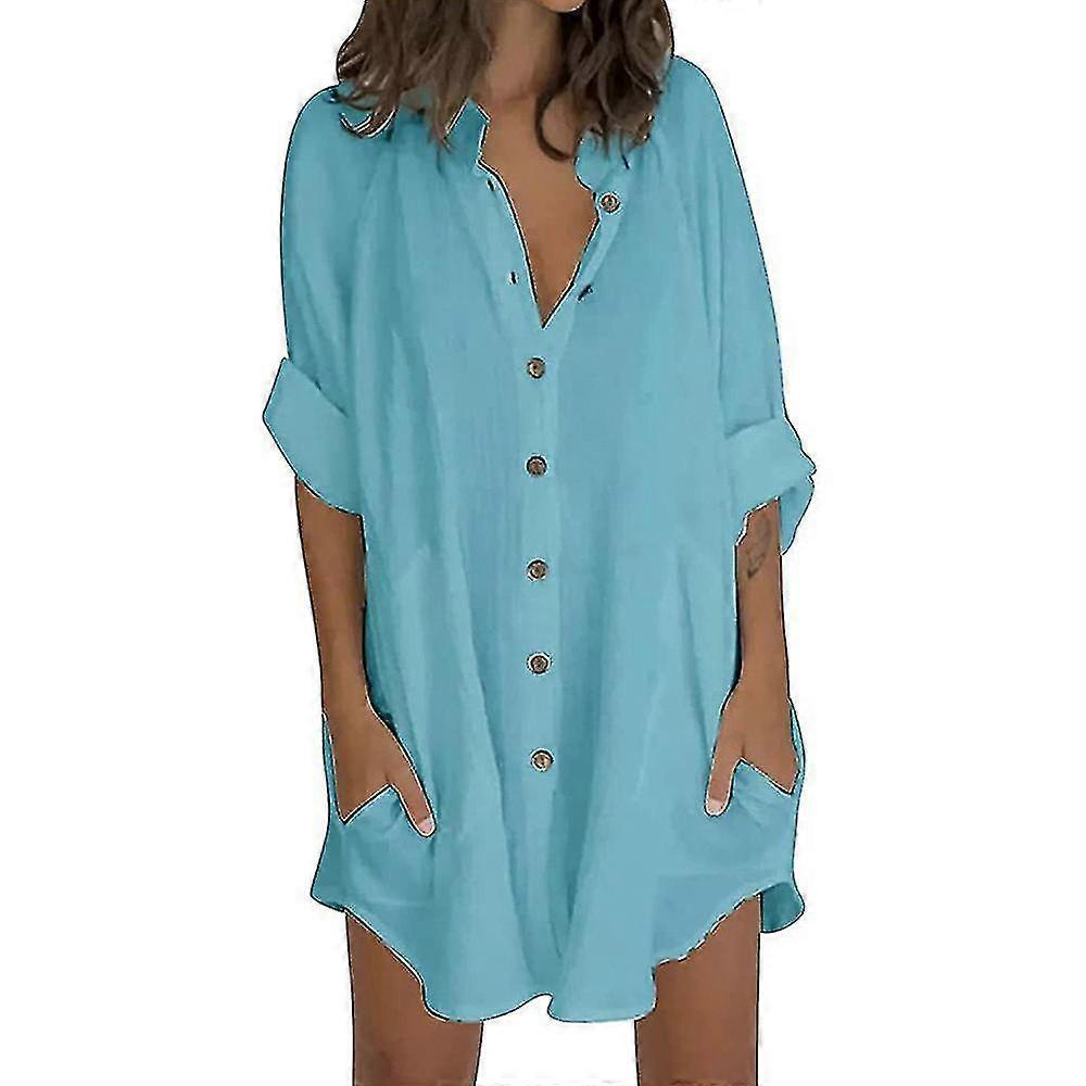 Womens Long Sleeve Button Down Shirt Pockets Solid Oversize Tunic Blouse Tee Tops
