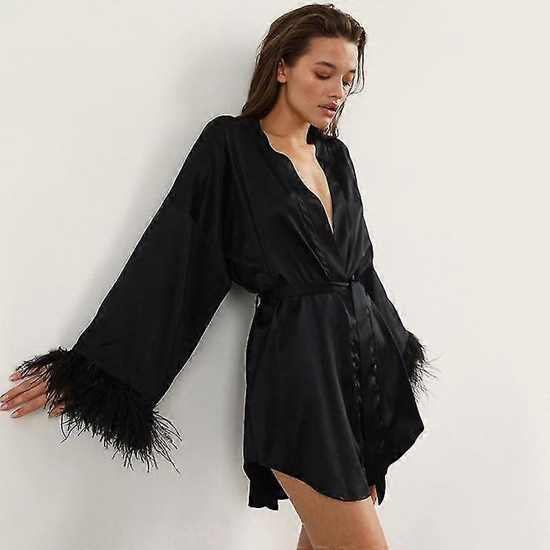 Kadın İpek Bornoz Moda Saten Bornoz Bayan Pijama Siyah Beyaz Gecelik Devekuşu Tüyü Manşet Gecelik