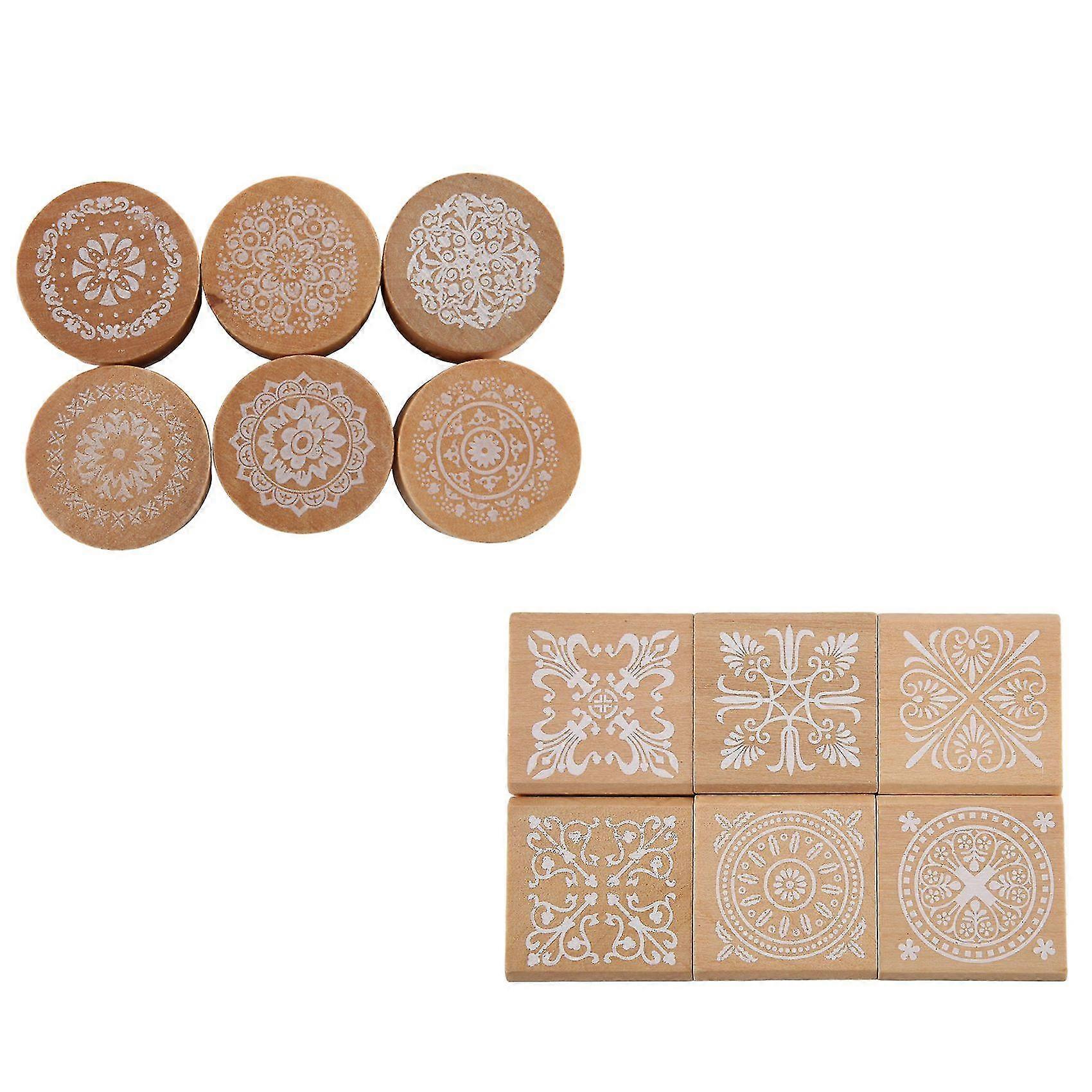 12pcs Wooden Stamps Floral Pattern Circles And Squares Decorative Rubber Wooden For Diy Craft Card