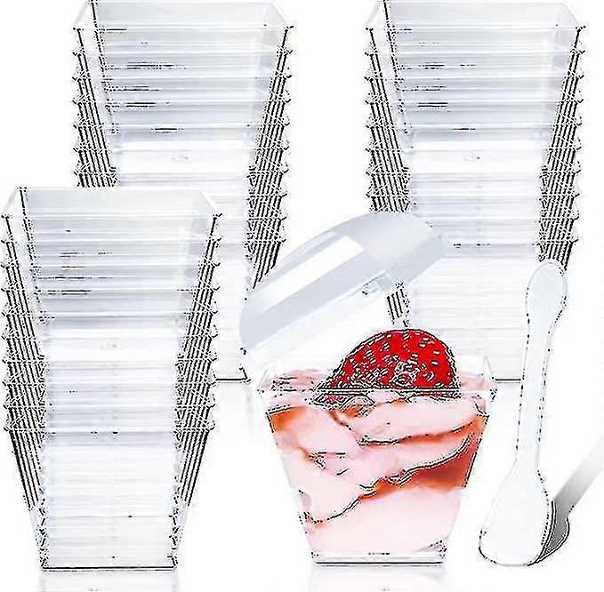 50 قطعة أكواب حلوى مع أغطية وملاعق مربعة أكواب حلوى طقم أكواب حلوى بلاستيكية قابلة لإعادة الاستخدام للحلوى مع بودنغ موس ثلج إيريام (4 أونصة /115 مل)