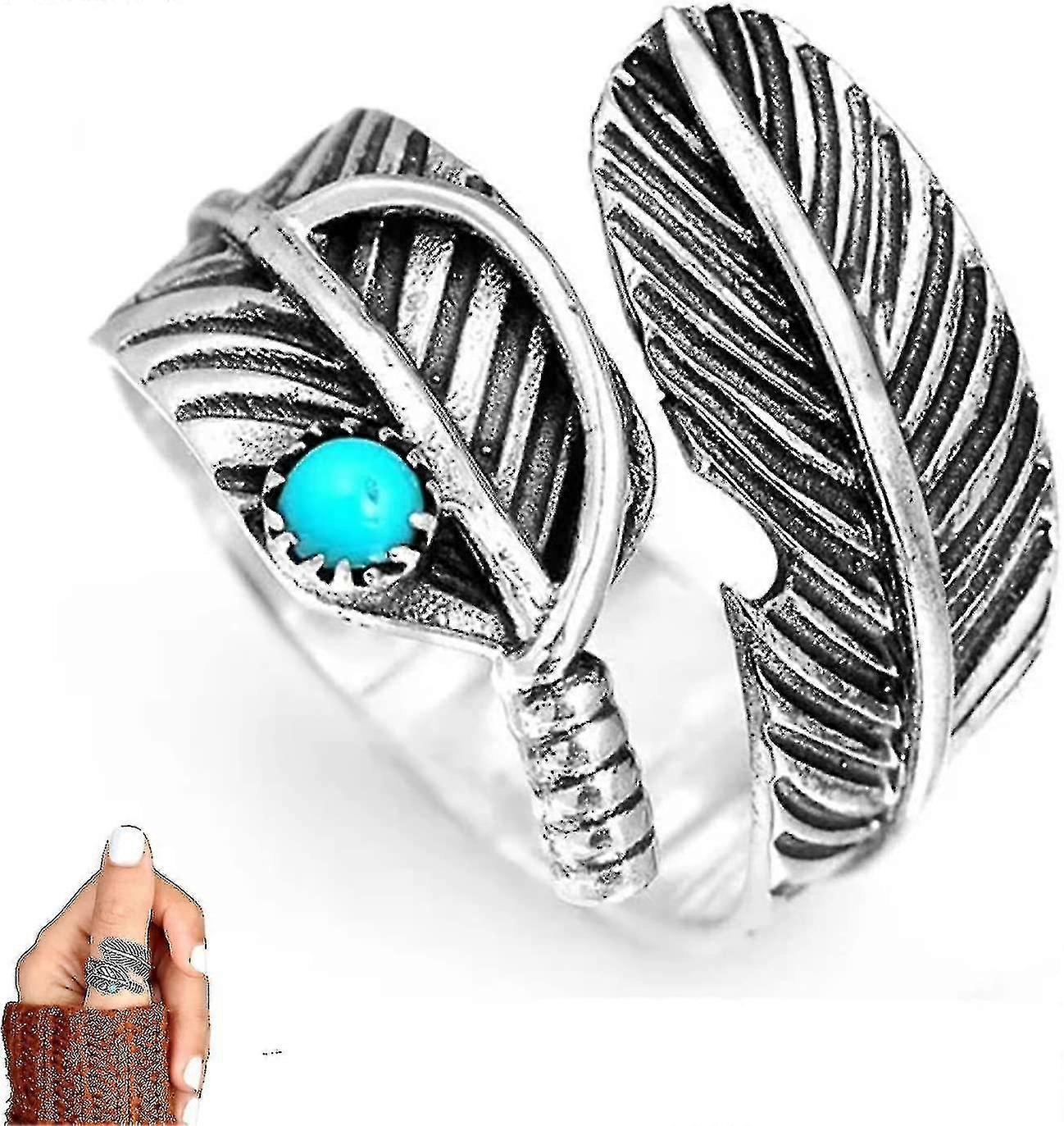 Feather Turquoise Adjustable Ring, Thumb Ring Compatible With Women Men