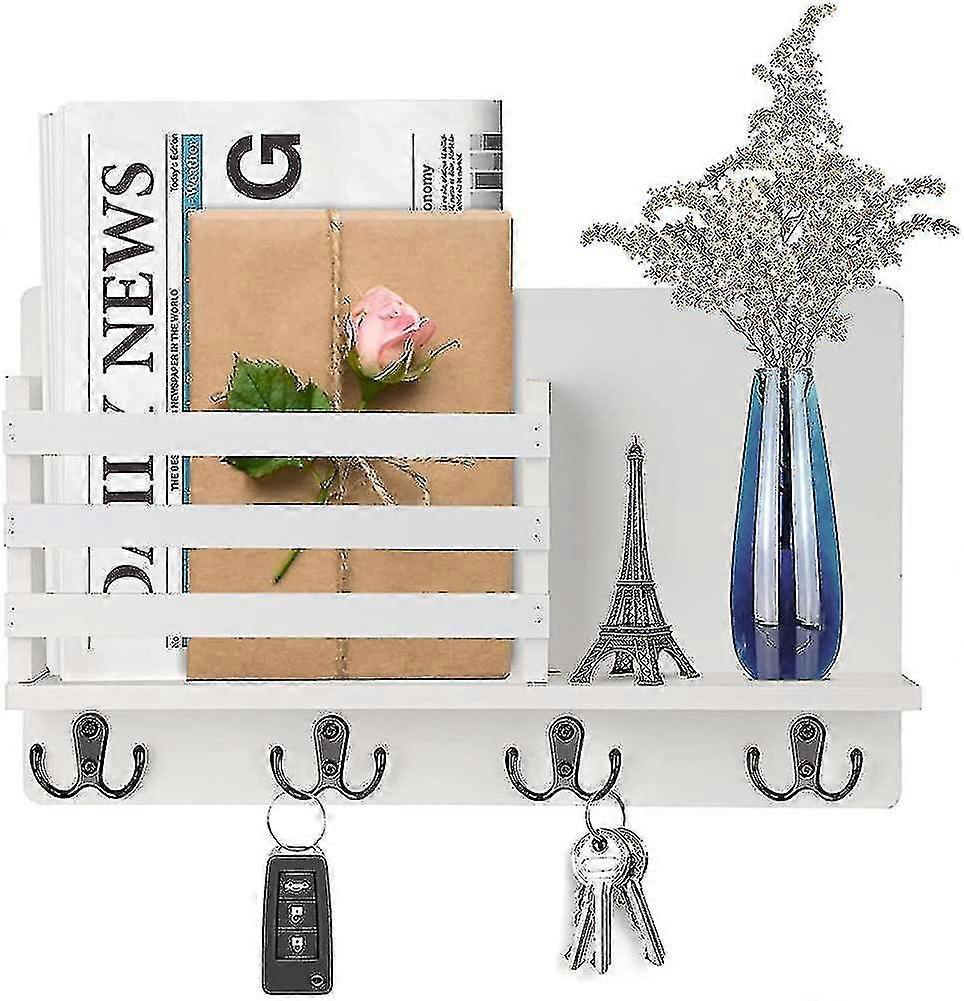 Wall Shelf Wood For Key Rack Organizer With 4 Hooks, Book Shelf Wood, Key Rack