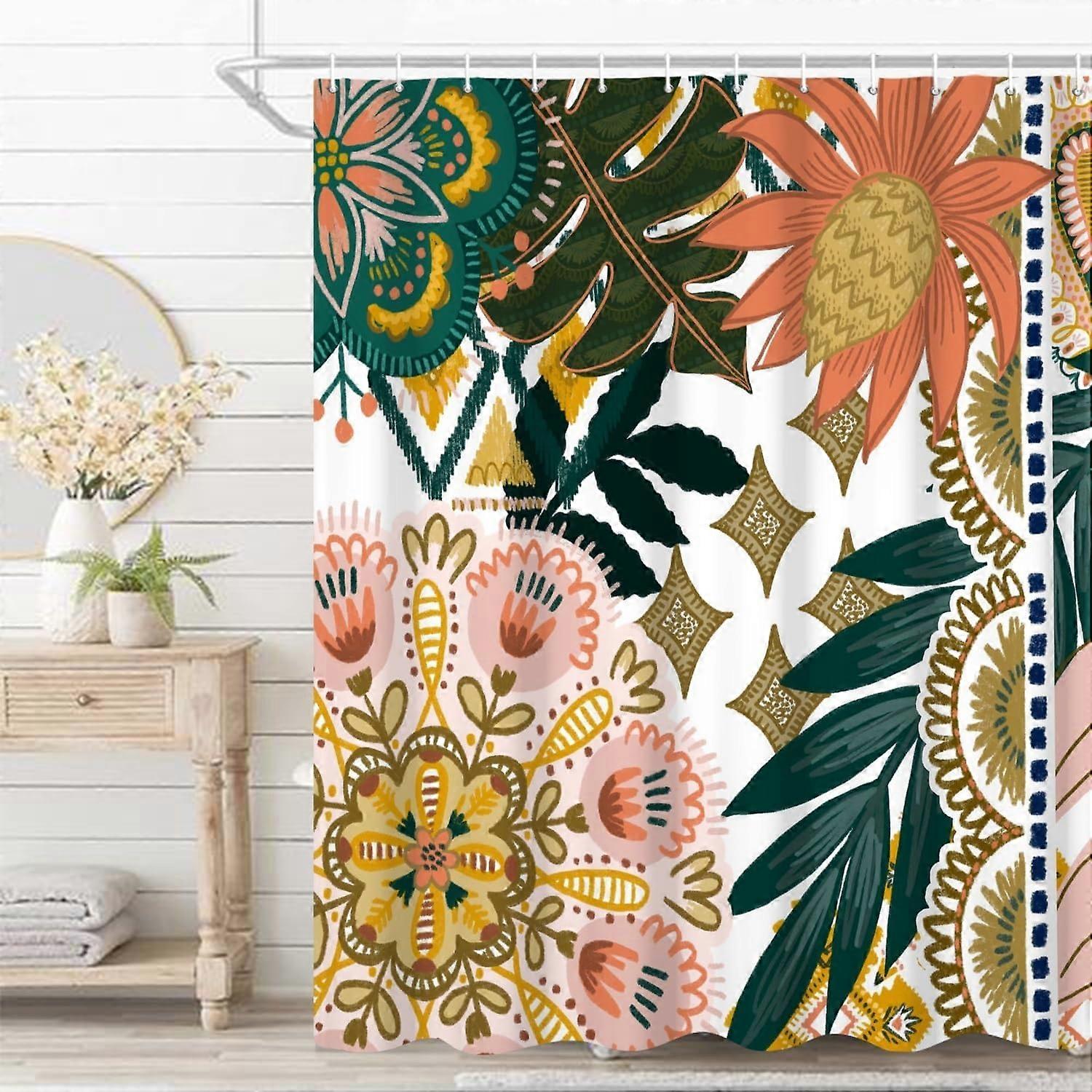 ボヘミアンフローラルバスルームシャワーカーテンカラフルな自由奔放に生きる花の葉花シャワーカーテンフック付きポリエステル防水生地ペイズリーユニークなトレンディな女性