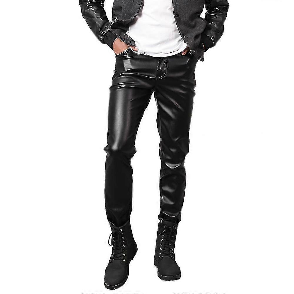 Mäns Stretch Tight Byxor i konstläder QAQ