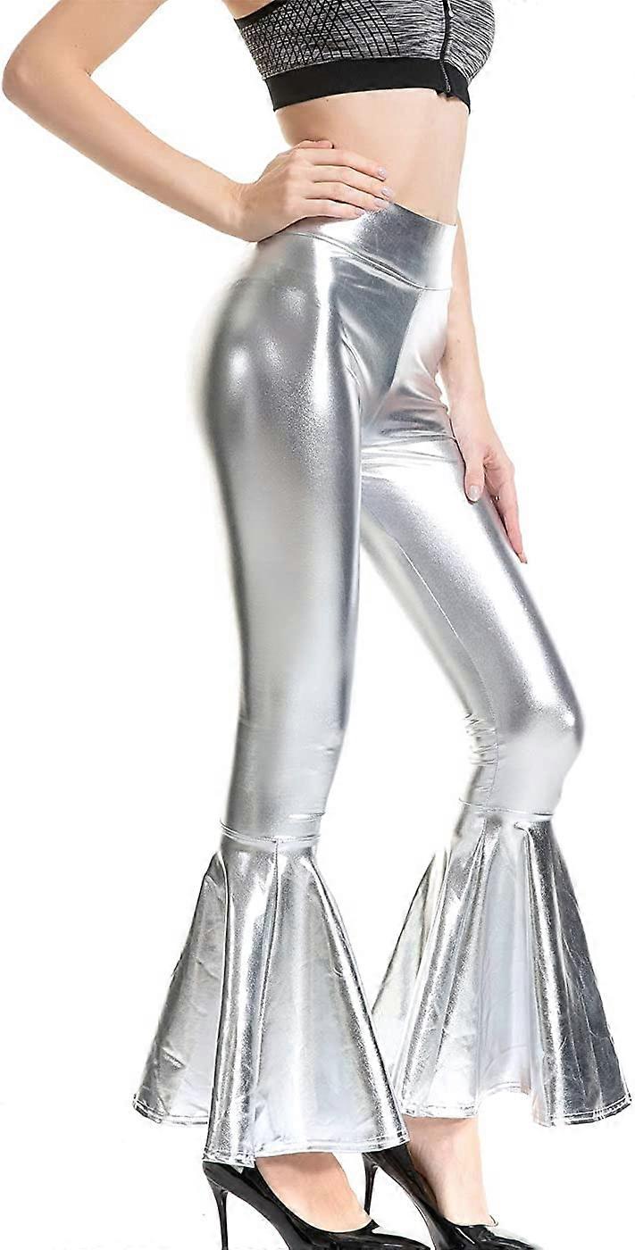 Shiny Metallic Skinny Flare Bell Bottom Pants for Women, Wet Look Mermaid Stretchy High Waisted Leather Disco Pants