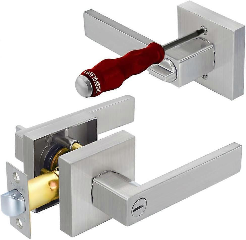 Square Privacy Door Lever with Brushed Nickel Finish, Durable Bathroom and Bedroom Lock Handle, Modern Square Design