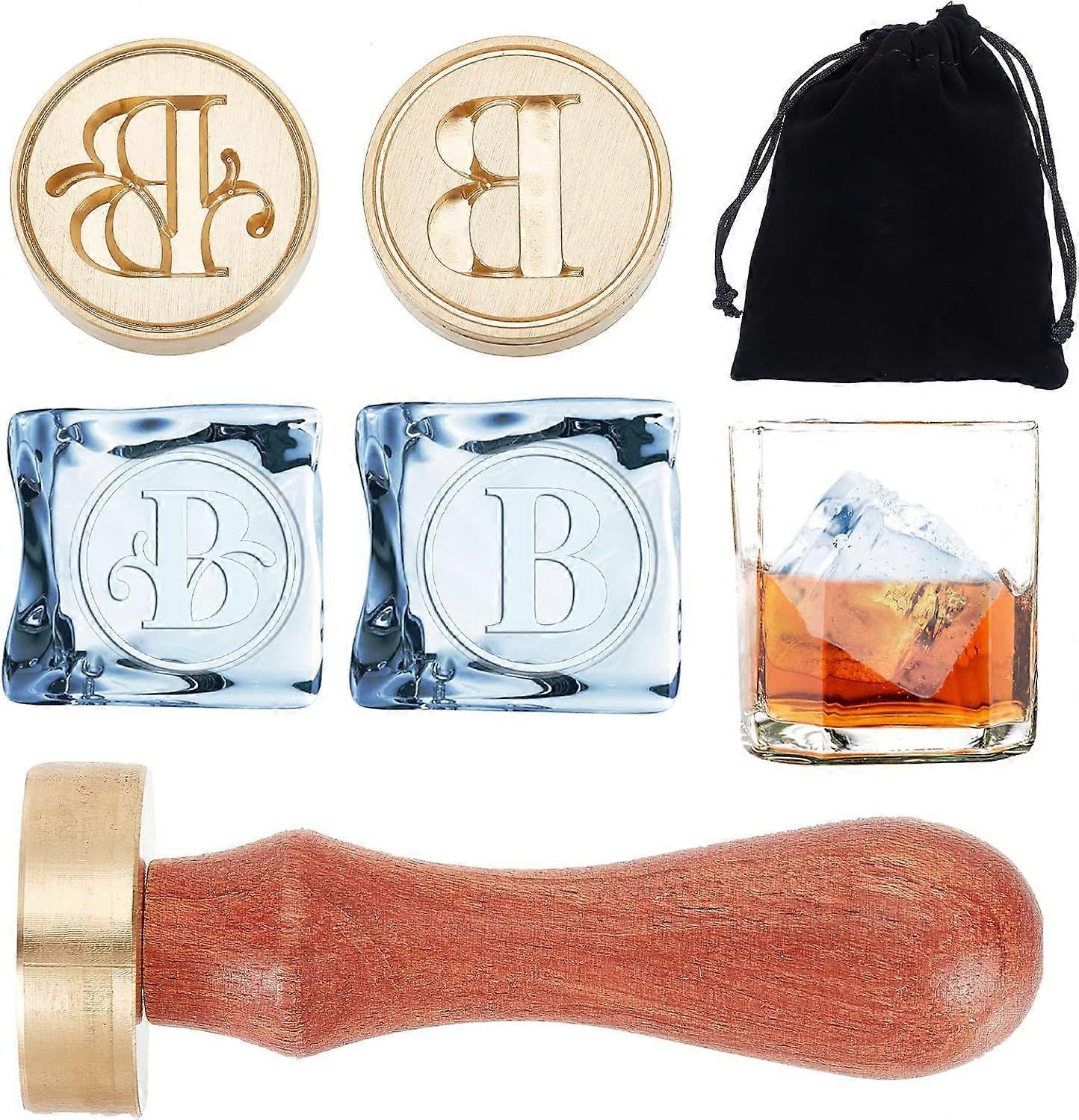 Letter B Ice Stamp Ice Cube Stamp with 2 Style Initial Removable Brass Head Replacement 1.2in Vintage Wood Handle Ice Branding Stamps for Cocktail Whi