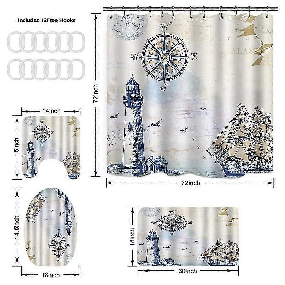 unique Nautical Theme Shower Curtain Set , Lighthouse, Sailboat, Compass Print Bathroom