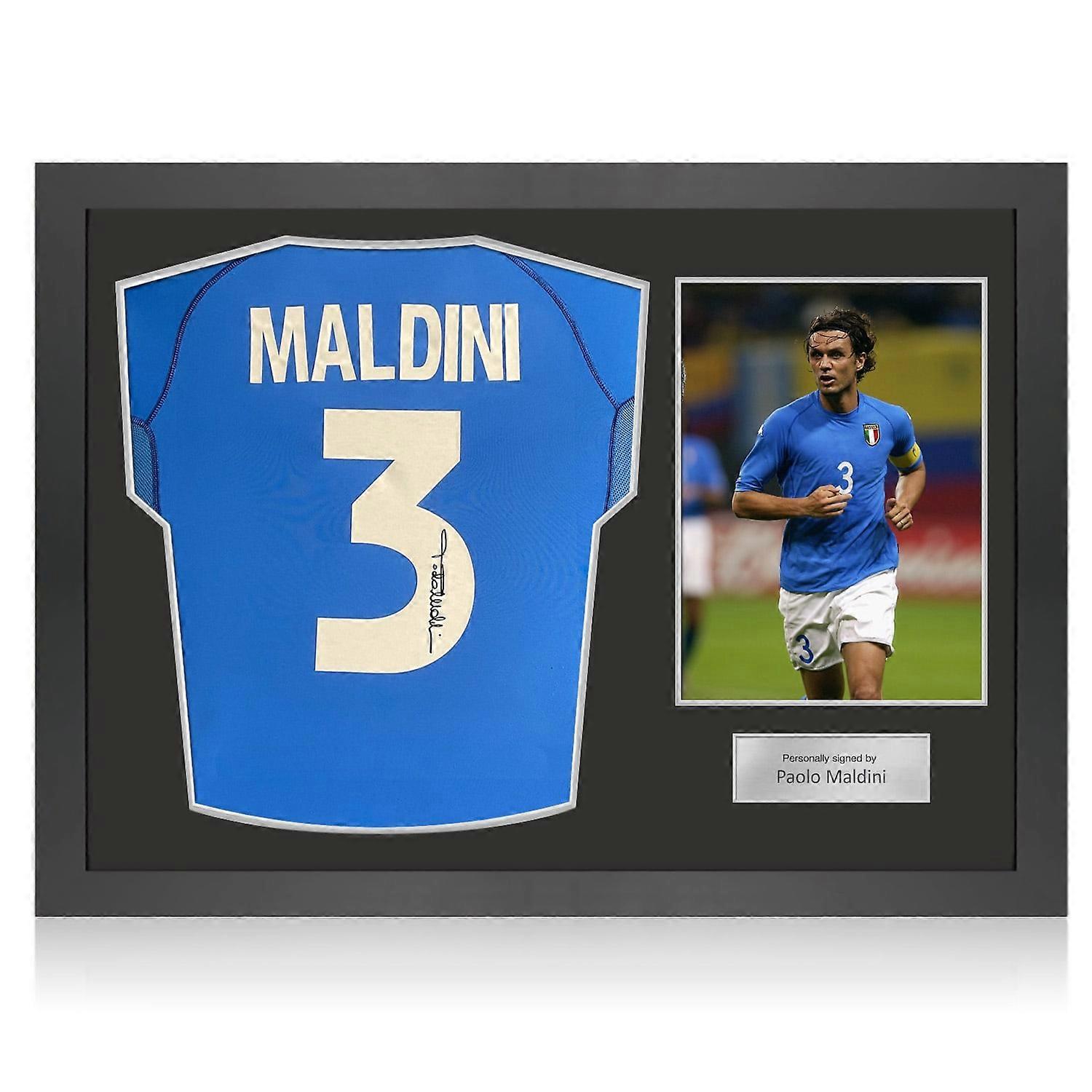 Paolo Maldini Signed Original Italy 2002 Home Football Shirt (Fan Print). Icon Frame