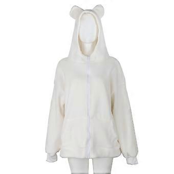 Frauen Winter Langarm Kunstpelz Hoodies für Jacke Kawaii Bärenohren Reißverschluss Sweatshirt Mantel Oversized Loose Fleece Outw Weiß XL