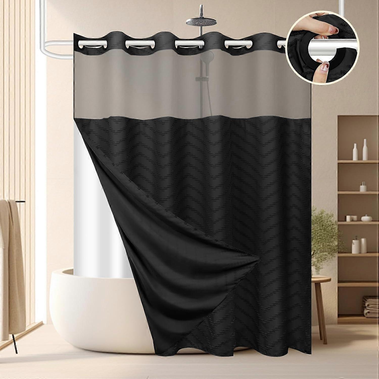 Shower Curtain Set with Snap Liner, Black Quilted Chevron Striped Washable Fabric, 71" x 74" for Bathroom Decor