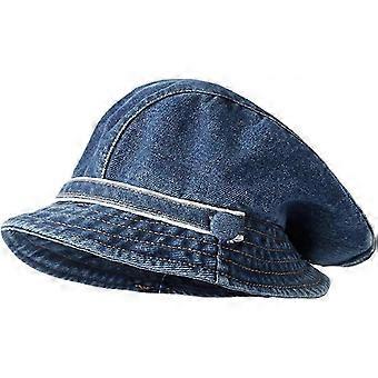 Women Fashion Vintage Denim Beret Unique Banded Decoration Short Brim Rounded Top Sun Hat MOP