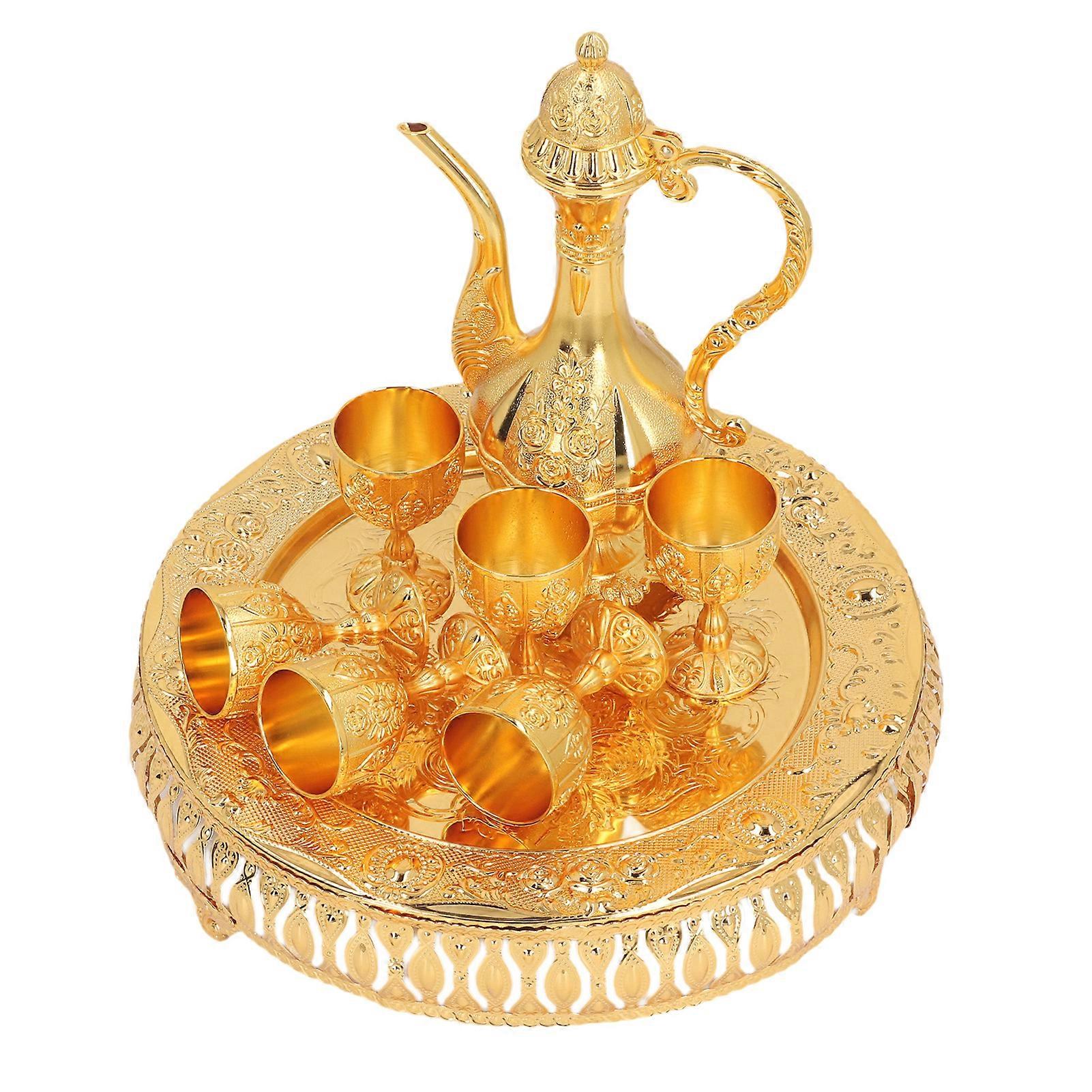 Vintage Set European Retro Coffee Pot Tray Kit Golden Exquisite Carving Zinc Alloy Wine Cups for Banquet Gathering