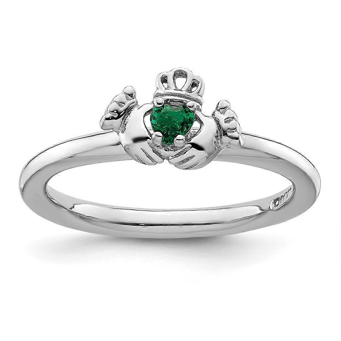 925 Sterling Silver Polished Stackable Rhd. Created Emerald Irish Claddagh Celtic Trinity Knot Ring-Stackable-Ring for W