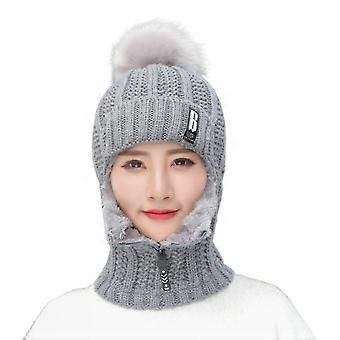 6color/Women Knitted Beanie Hat Ski Outdoor Head Ears Cover Zip Neck Fluffy Warm Cap