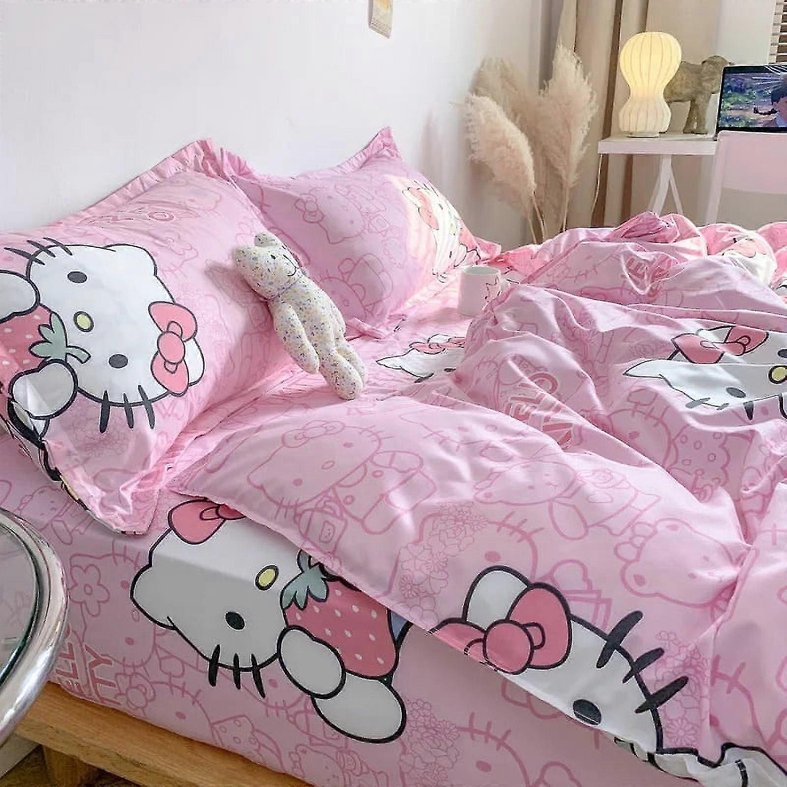 2025 Śliczny Hello Kitty Zestaw pościeli Bawełna Czteroczęściowa pościel Podwójna poszewka na poduszkę Pościel Dziewczyna Dorm Pościel Tekstylia domowe