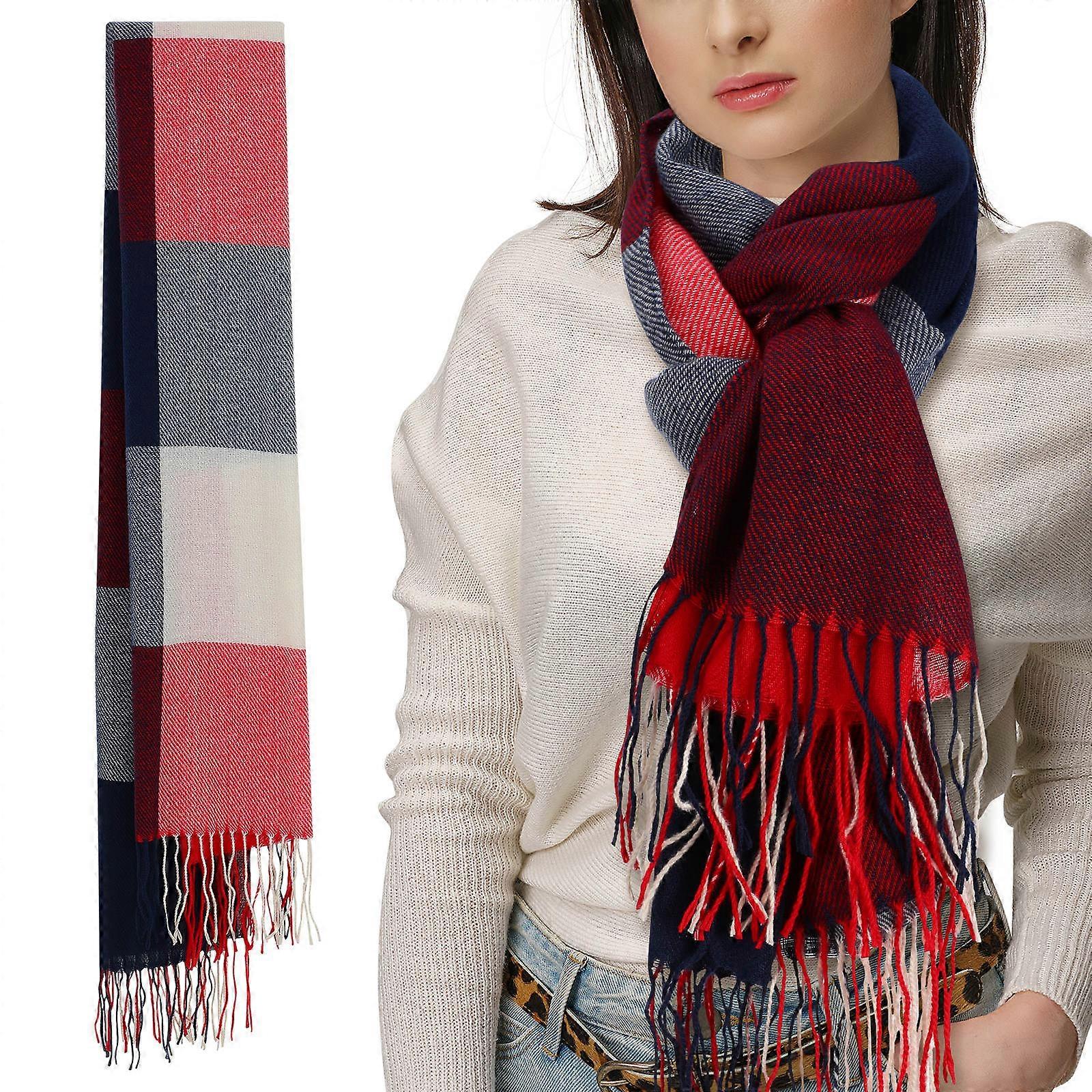 Oversized Plaid Tassel Scarf for Women Men Soft Warm Polyester Wrap Shawl for Winter Autumn Cold Weather Full Coverage