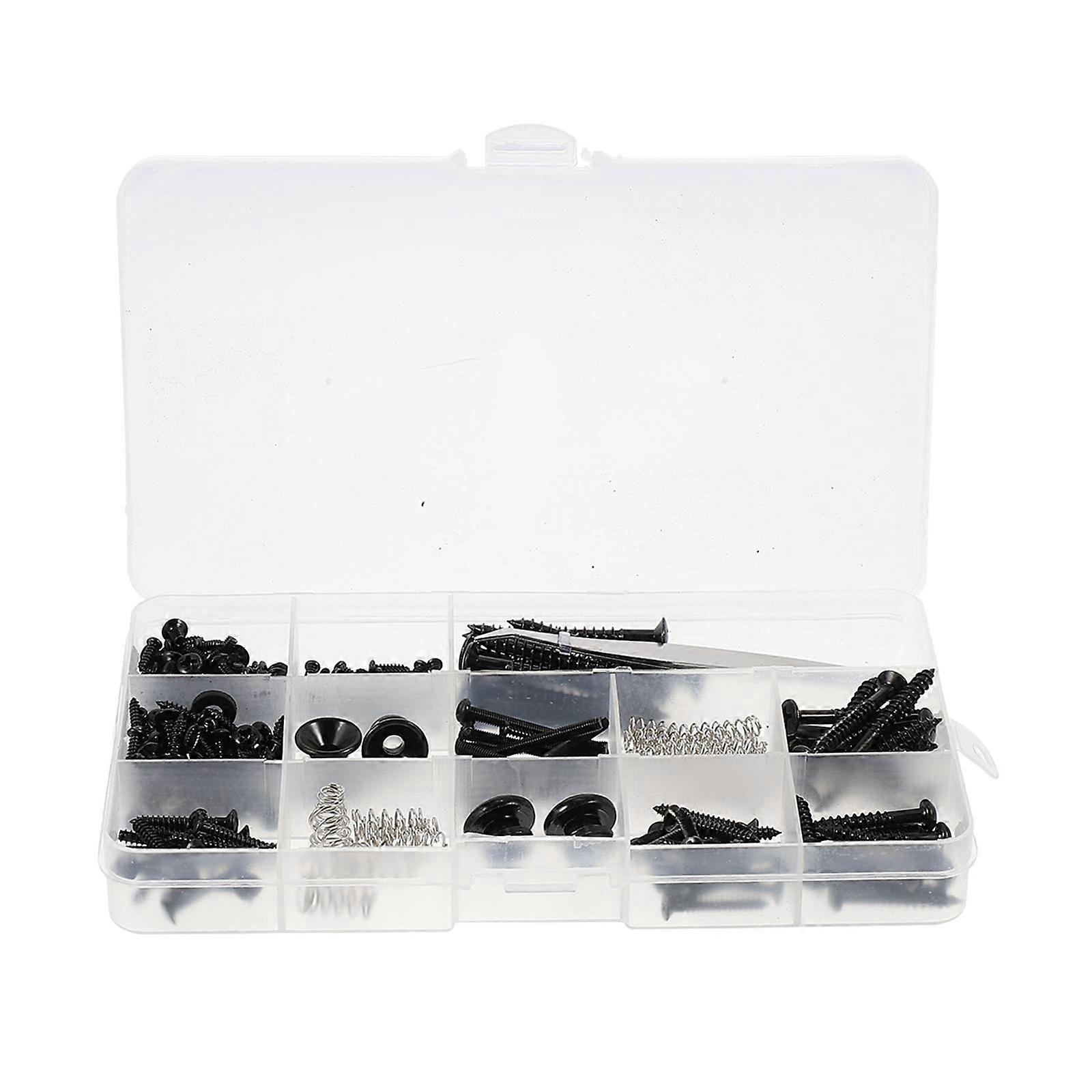 Black Guitar Repair Screw Kit with 9 Types of Screws and 2 Belt Buttons in Plastic Box for Electric
