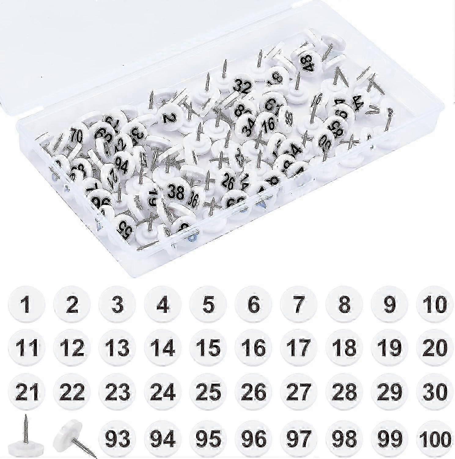 Numbered Push Pins 1-100 for Maps, Bulletin Boards, Corkboards - 100 Pcs White Base Black Numbers Plastic Push Pins