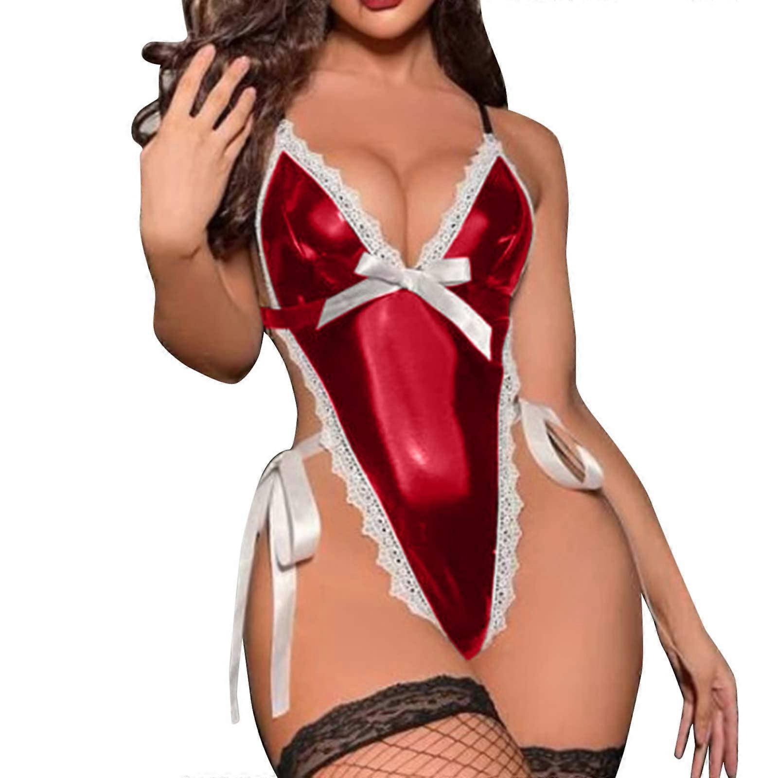 Bodysuits Plus Size Wetlook Leather Teddy With Lace Side Panels Red L