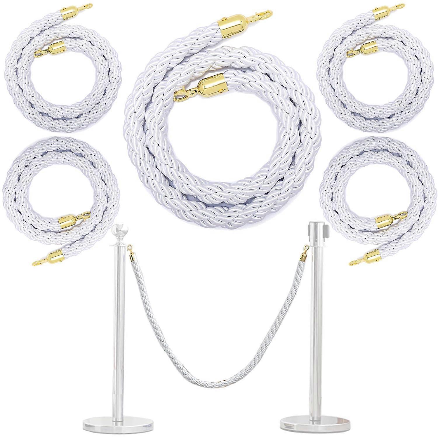 Barrier Cord with Stainless Steel Hooks, 0.9m Handrail Rope for Crowd Control, White and Gold, Pack of 5 for Hotels and Parties