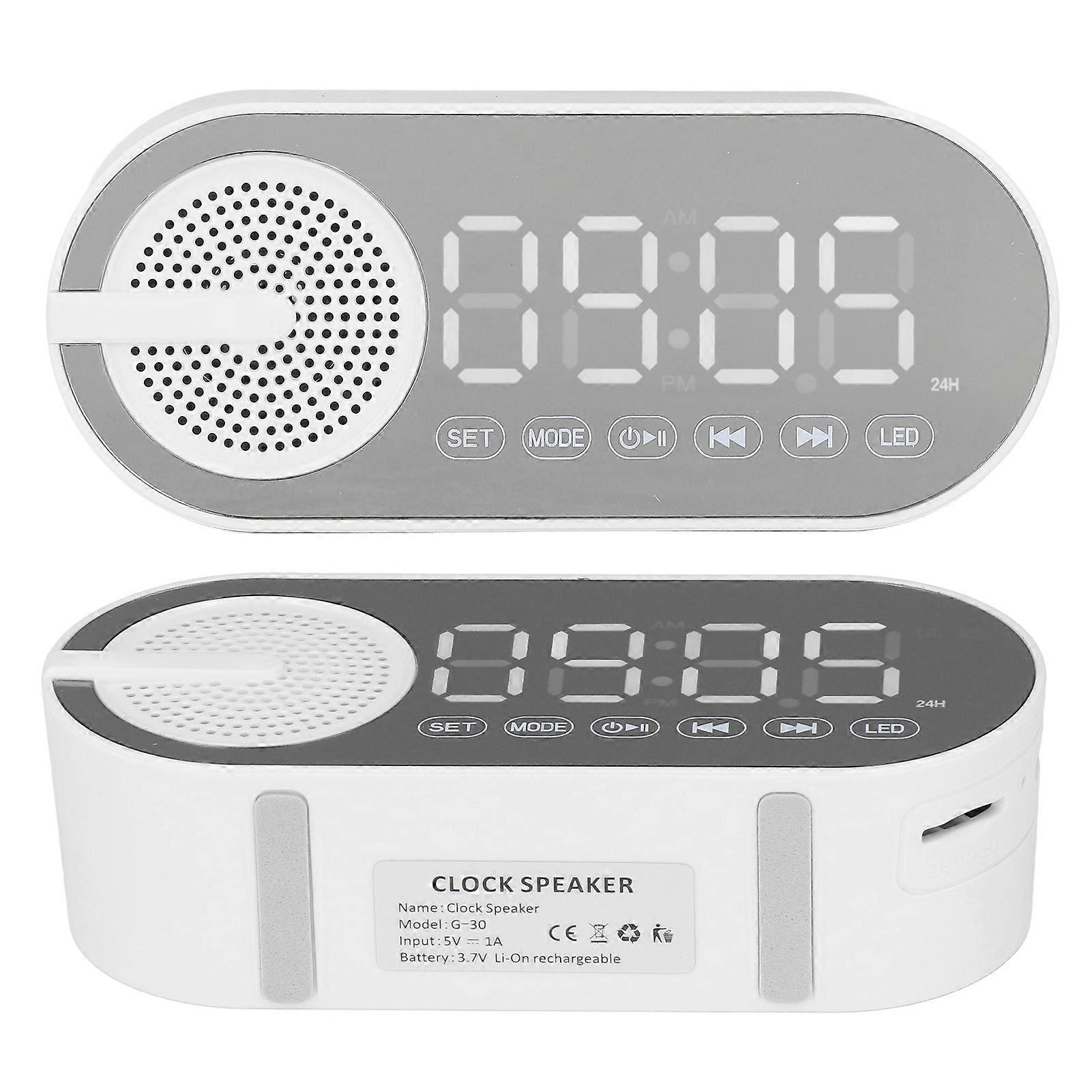 Bluetooth 5.0 Speaker Mirror Clock Heavy Bass FM Radio Rechargeable Digital Alarm Clock with Colourful Lights White 