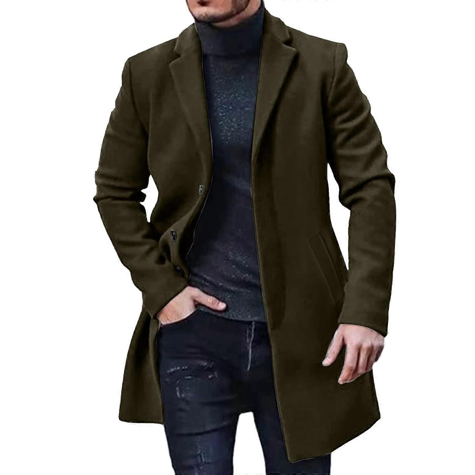 Coat Men's Wool Coat Slim Fit Casual Winter Coat With Notch Collar And Button Placket Trench Style Green Size M
