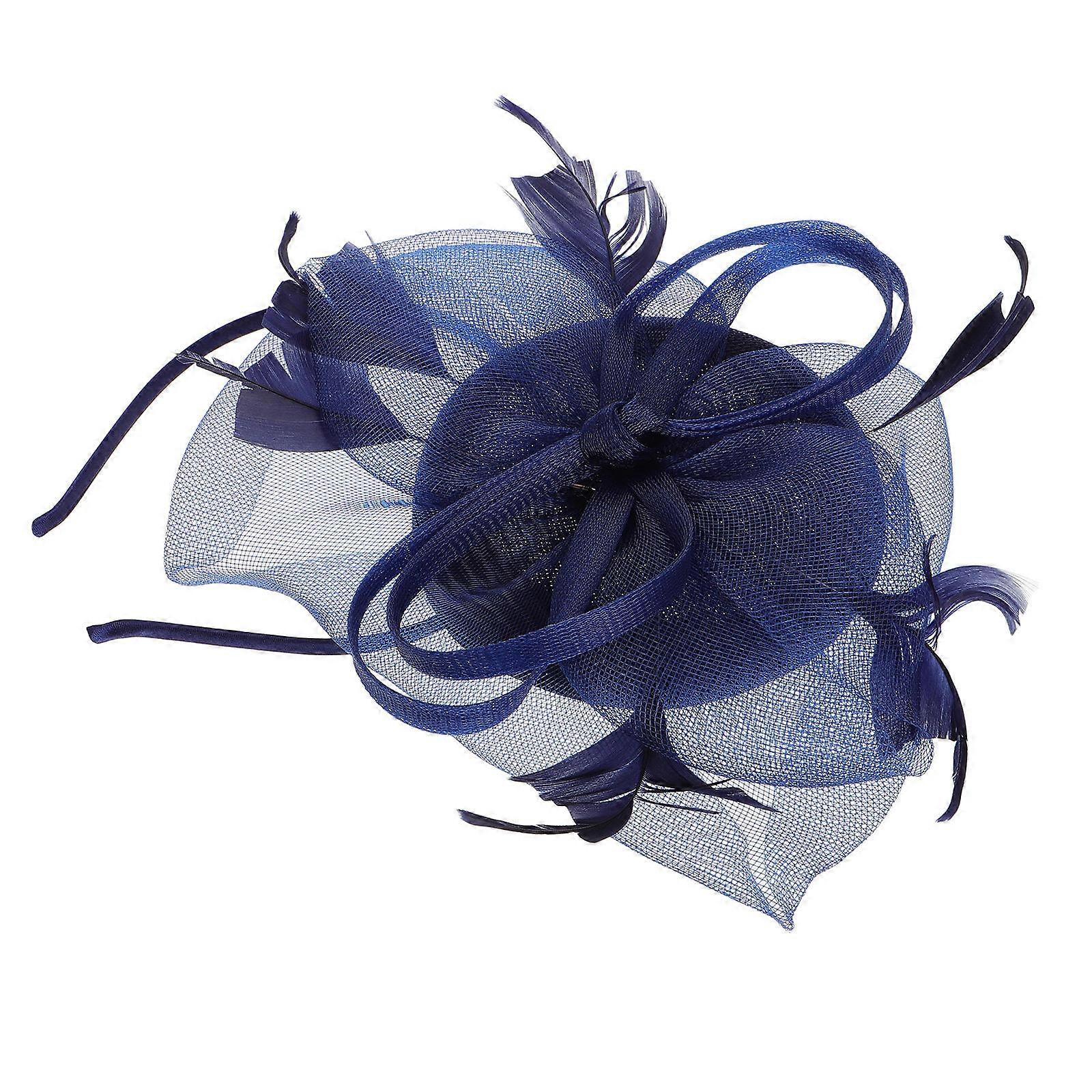 Navy Gauze Fascinator Hat for Women's Elegant Headband with Plume Design for Tea Parties Weddings Size Options Available