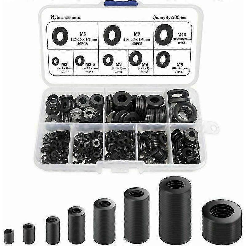 500PCS Black Nylon Flat Washers & Round Spacer Washers - Compatible with M2, M2.5, M3, M4, M5, M6, M8, M10 for Versatile Use