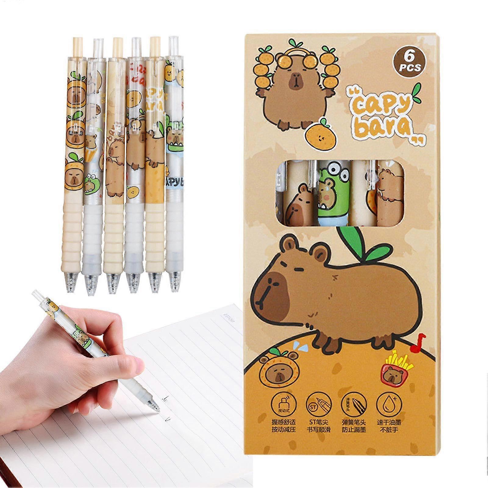 Capybara Cartoon Gel Pens, Fine Tip, Quick Drying, 6 Pack, Portable Writing Pens for Journals and Note-taking