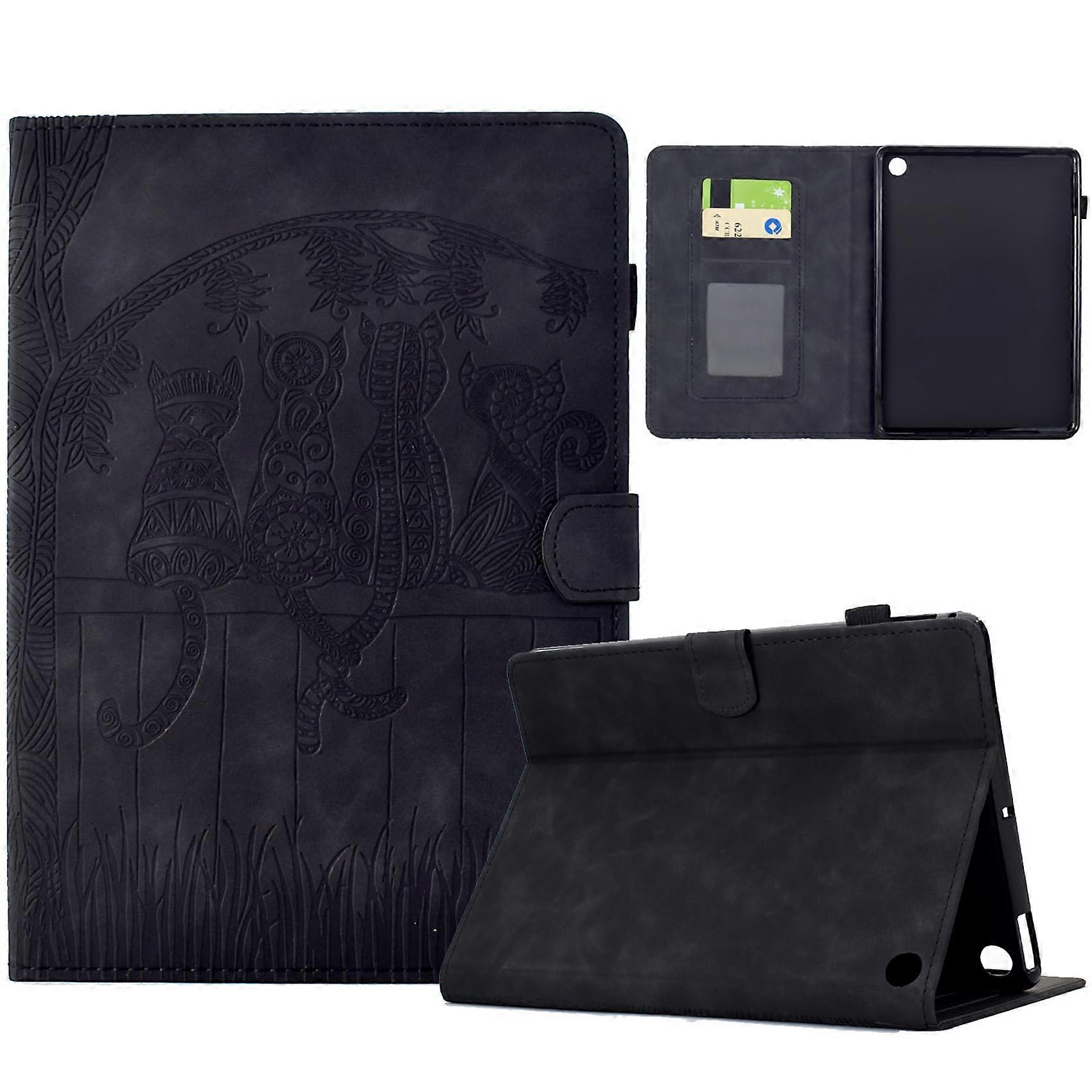 PU Leather Flip Case with Tree Cat Design Wallet Stand Auto Wake Black for Amazon Fire 7 2022